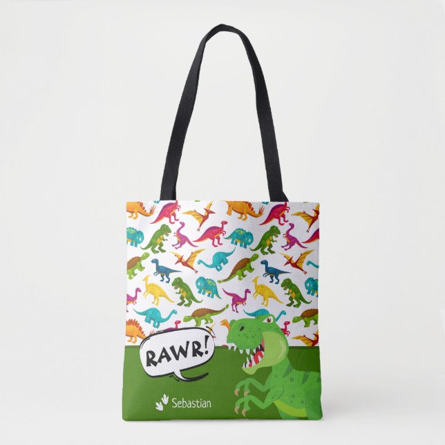 Colourful Dinosaur Pattern with Name T-Rex Green Tote Bag (Front)