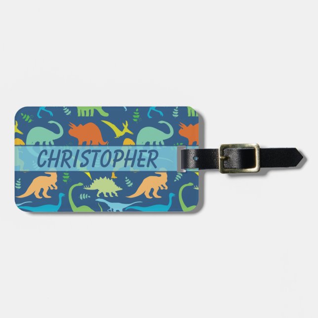 Colourful Dinosaur Personalise Address Luggage Tag (Front Horizontal)