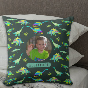 Colourful Dinosaur Personalised Boys Photo and Nam Cushion