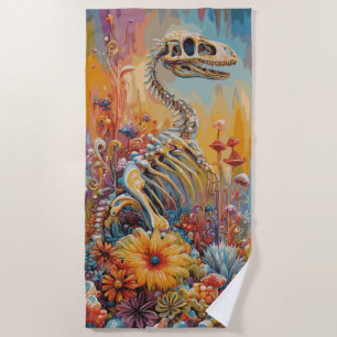 Colourful Dinosaur Skeleton Floral Fantasy Design Beach Towel