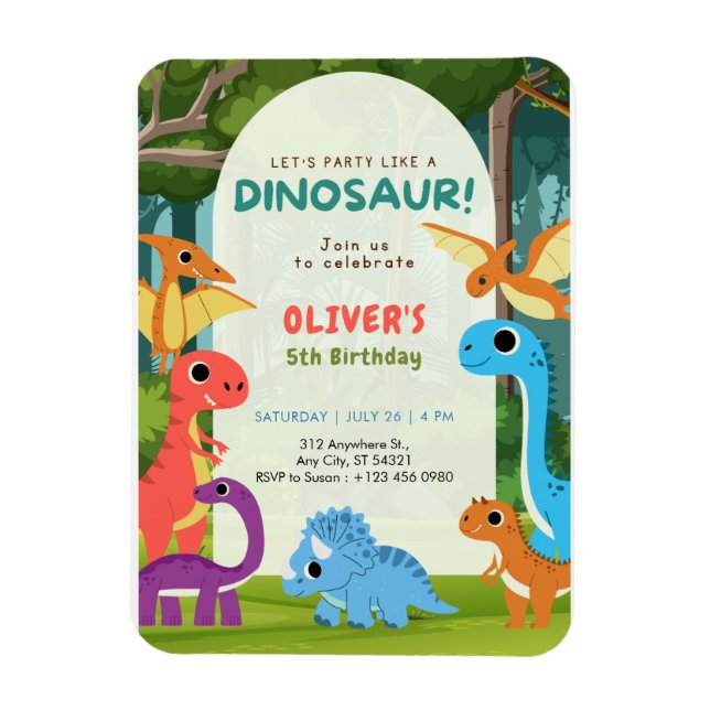 Colourful Dinosaur T-rex 5th Birthday Invitation   Magnet (Vertical)
