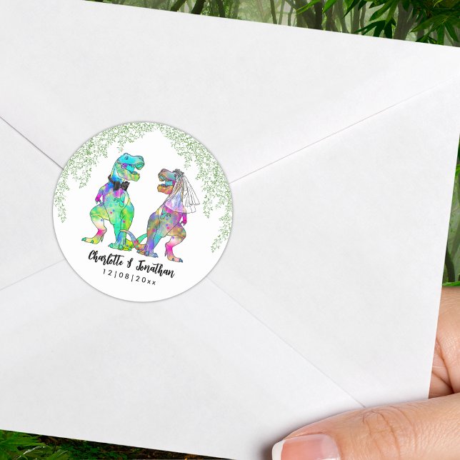 Colourful Dinosaur Theme Wedding Classic Round Sticker (Colorful T-Rex bride and groom custom dinosaur wedding sticker with bride and groom names and date)