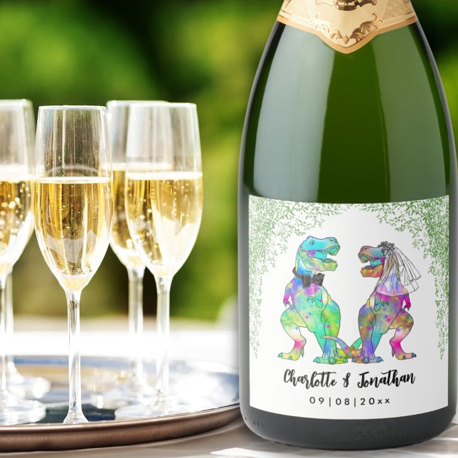 Colourful Dinosaur Theme Wedding Custom Sparkling Wine Label (Colorful T-Rex bride and groom custom dinosaur wedding sparkling wine labels)