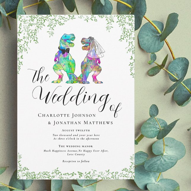 Colourful Dinosaur Theme Wedding Invitation (Dinosaur theme wedding invitation with script and watercolor botanical greenery)