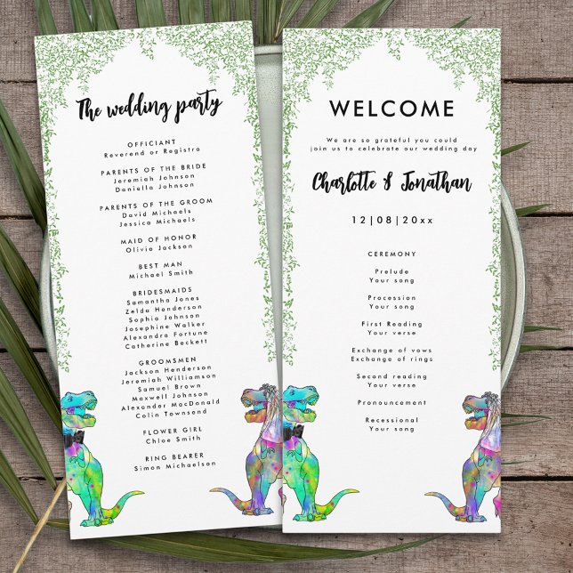Colourful Dinosaur Theme Wedding Programme (Colorful T-Rex bride and groom dinosaur wedding day program)