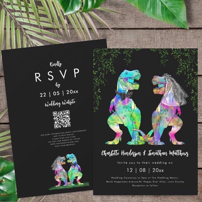 Colourful Dinosaur theme Wedding QR Code Invitation (Colorful T-Rex bride and groom dinosaur black white wedding qr code invitation T-Rex bride and groom)