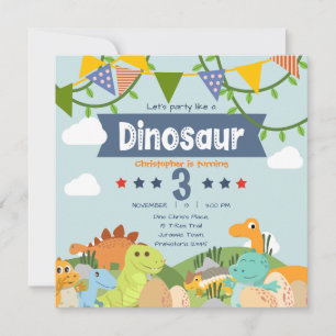 Colourful Dinosaur-Themed 3rd Birthday Invitation