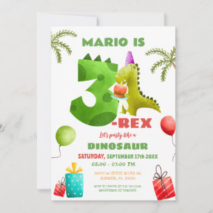 Colourful Dinosaur Three Rex 3rd Birthday Party  Invitation