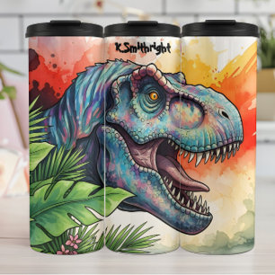 Colourful Dinosaur Tropical Leaves Roaring Thermal Tumbler