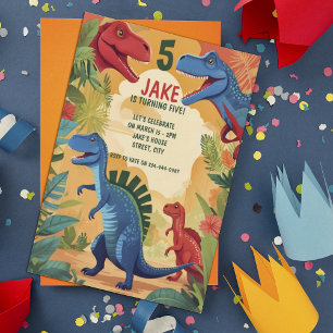 Colourful Dinosaurs 5th Birthday Kids Party  Invitation