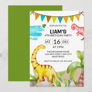 Colourful Dinosaurs Banner Fourth Birthday Party Invitation