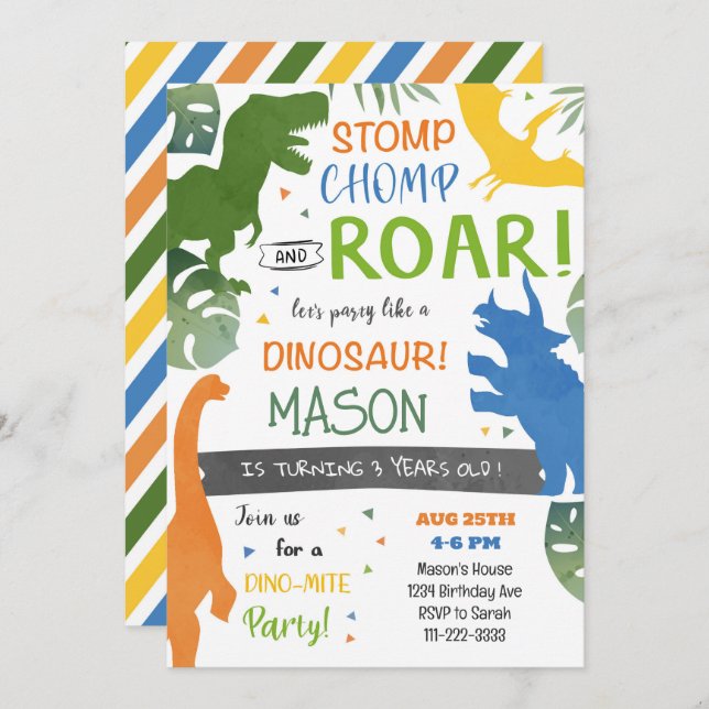 Colourful Dinosaurs Birthday Party Invitation (Front/Back)