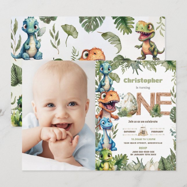 Colourful Dinosaurs Greenery 1st Birthday One Phot Invitation (Front/Back)