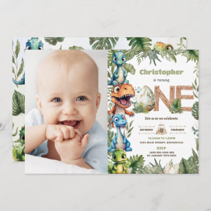 Colourful Dinosaurs Greenery 1st Birthday One Phot Invitation