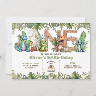 Colourful Dinosaurs Greenery ONE 1st First Birthda Invitation