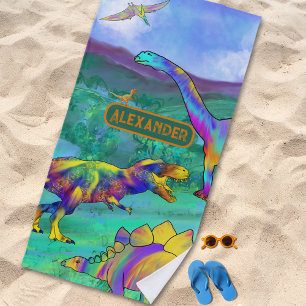 Colourful Dinosaurs Jurassic Landscape Name Beach Towel