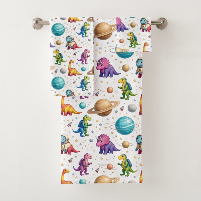 Colourful Dinosaurs Outer Space Planets Rainbow  Bath Towel Set (Insitu)