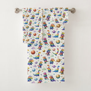 Colourful Dinosaurs Outer Space Planets Rainbow  Bath Towel Set