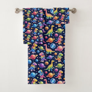 Colourful Dinosaurs Outer Space Planets Rainbow  Bath Towel Set
