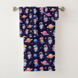 Colourful Dinosaurs Outer Space Planets Rainbow  Bath Towel Set