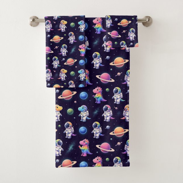 Colourful Dinosaurs Outer Space Planets Rainbow  Bath Towel Set (Insitu)