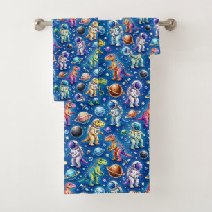 Colourful Dinosaurs Outer Space Planets Rainbow  Bath Towel Set