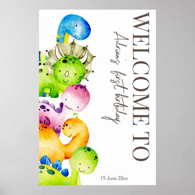 Colourful dinosaurs party personalised welcome sig poster (Front)
