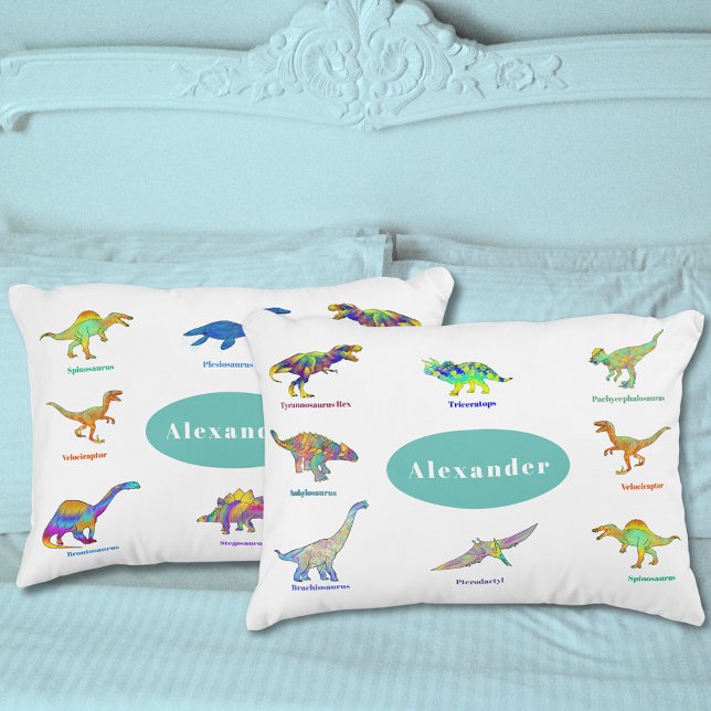 Colourful Dinosaurs Personalised Name and Photo Pillowcase (Dinosaurs with names personalized pillow case colorful dino pattern educational fun spelling )
