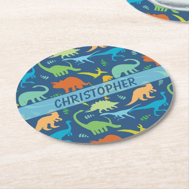 Colourful Dinosaurs Personalised Round Paper Coaster (Angled)