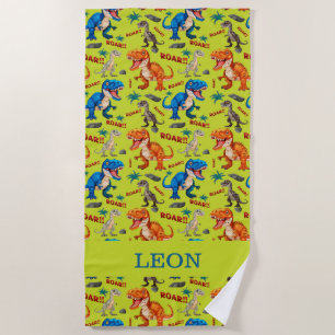 Colourful Dinosaurs Roaring Pattern Custom Name Beach Towel