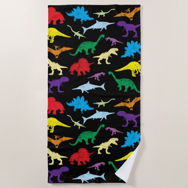 Colourful Dinosaurs Watercolor Kids Pattern Beach Towel (Front)