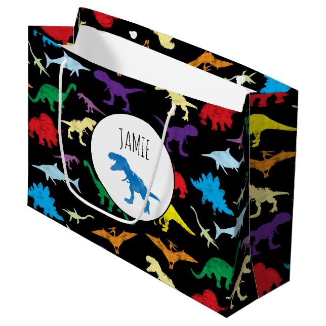 Colourful Dinosaurs Watercolor Kids Pattern Large Gift Bag (Front Angled)