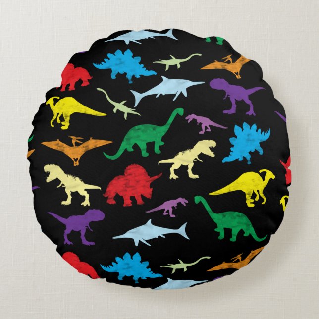 Colourful Dinosaurs Watercolor Kids Pattern Round Cushion (Front)