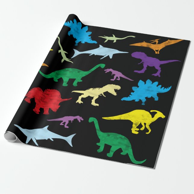 Colourful Dinosaurs Watercolor Kids Pattern  Wrapping Paper (Unrolled)
