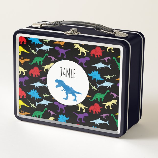Colourful Dinosaurs Watercolor Kids School Metal Lunch Box (Front)