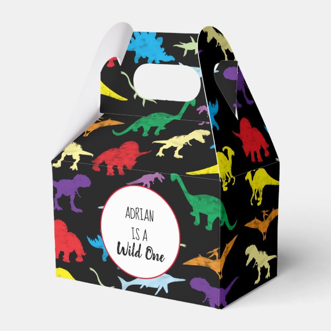 Colourful Dinosaurs Wild One Kids Birthday Party Favour Box (Front Side)