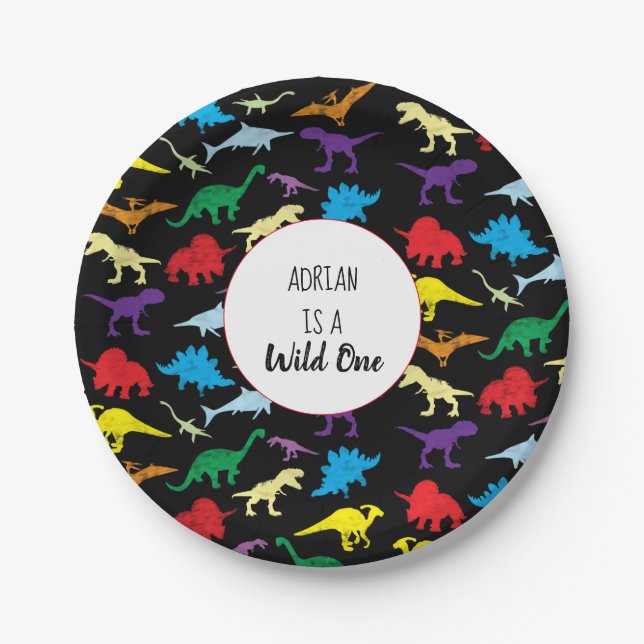Colourful Dinosaurs Wild One Kids Birthday Party Paper Plate (Front)