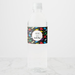 Colourful Dinosaurs Wild One Kids Birthday Party Water Bottle Label
