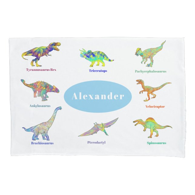 Colourful Dinosaurs with names Pattern Blue Pillowcase (Front)