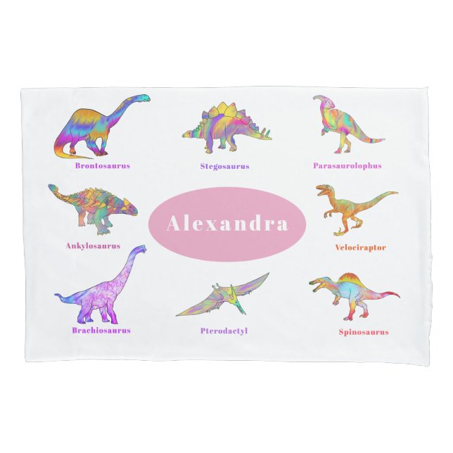 Colourful Dinosaurs with names Pattern pink  Pillowcase (Front)