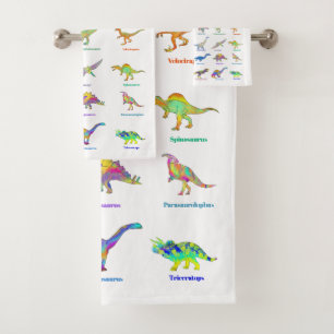 Colourful Dinosaurs with names Pattern Teal  Bath Towel Set