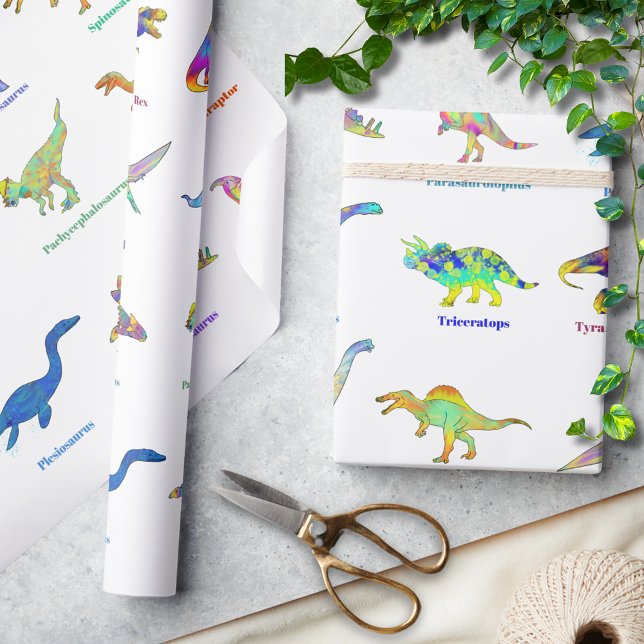 Colourful Dinosaurs with names Pattern Wrapping Paper (dinosaurs with names pattern wrapping paper colorful watercolor dino artwork T-Rex velociraptor )