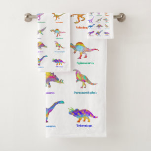 Colourful Dinosaurs with names pink Bath Towel Set