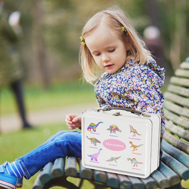 Colourful Dinosaurs with Names Pink  Metal Lunch Box (Dinosaurs with names pink custom lunchbox for girls that love dinosaurs colorful dino watercolor art)