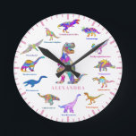 Colourful Dinosaurs with Names Round Clock<br><div class="desc">Colourful dinosaurs with names custom wall clock. Add your child’s name in pink to this fun 12 Dinosaurs in colourful psychedelic bright colours with their dino names. The perfect educational design for the child who loves dinosaurs especially girls that love dinos. This fun palaeontology pattern includes all the prehistoric jurassic...</div>