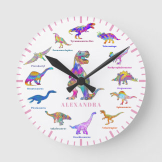 Colourful Dinosaurs with Names Round Clock