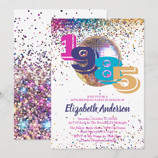 Colourful Disco 1985 40th Birthday Party Customiza Invitation (Front/Back)