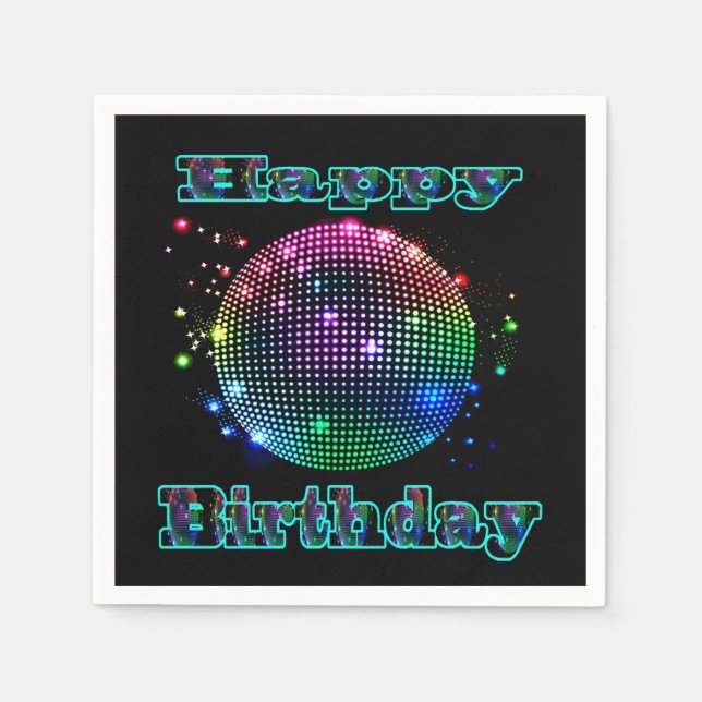 Colourful Disco Ball Happy Birthday On Black Napki Napkin (Front)