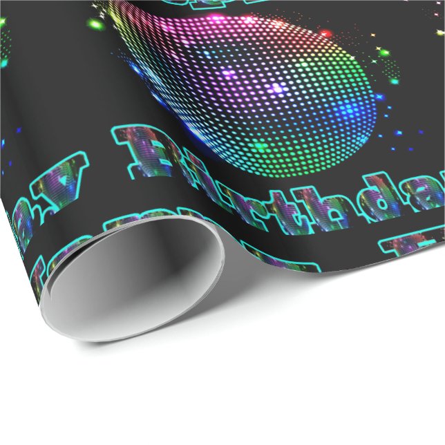 Colourful Disco Ball Happy Birthday On Black Wrapping Paper (Roll Corner)