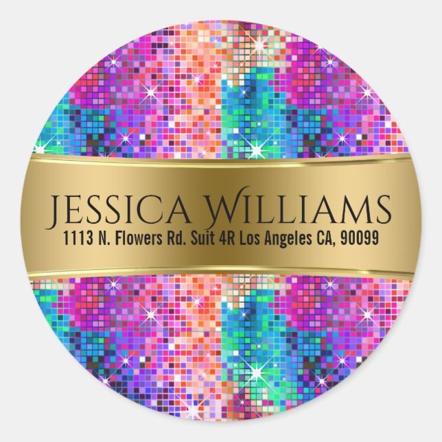 Colourful Disco Glitter & Gold Template Classic Round Sticker (Front)